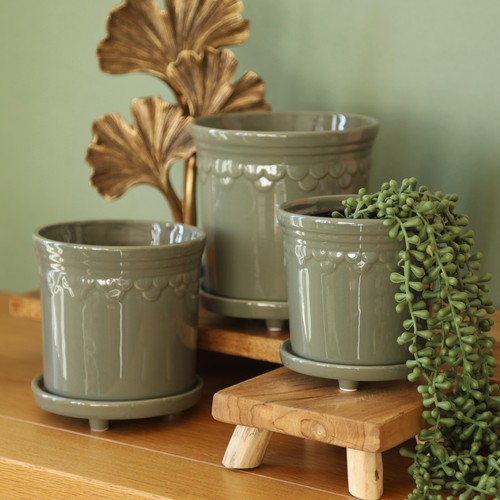 Ceramic sage green plant pot - sage,